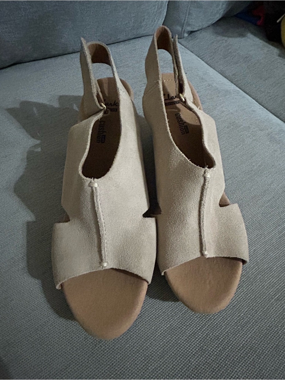 Clarks Light Beige Suede Open-Toe Slingback Wedge Sandals